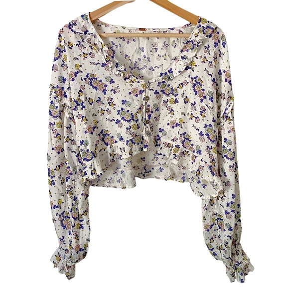 Free People Tops - Free People Secret Garden Floral Ruffle Cropped Top Long Sleeve Blouse Lavender